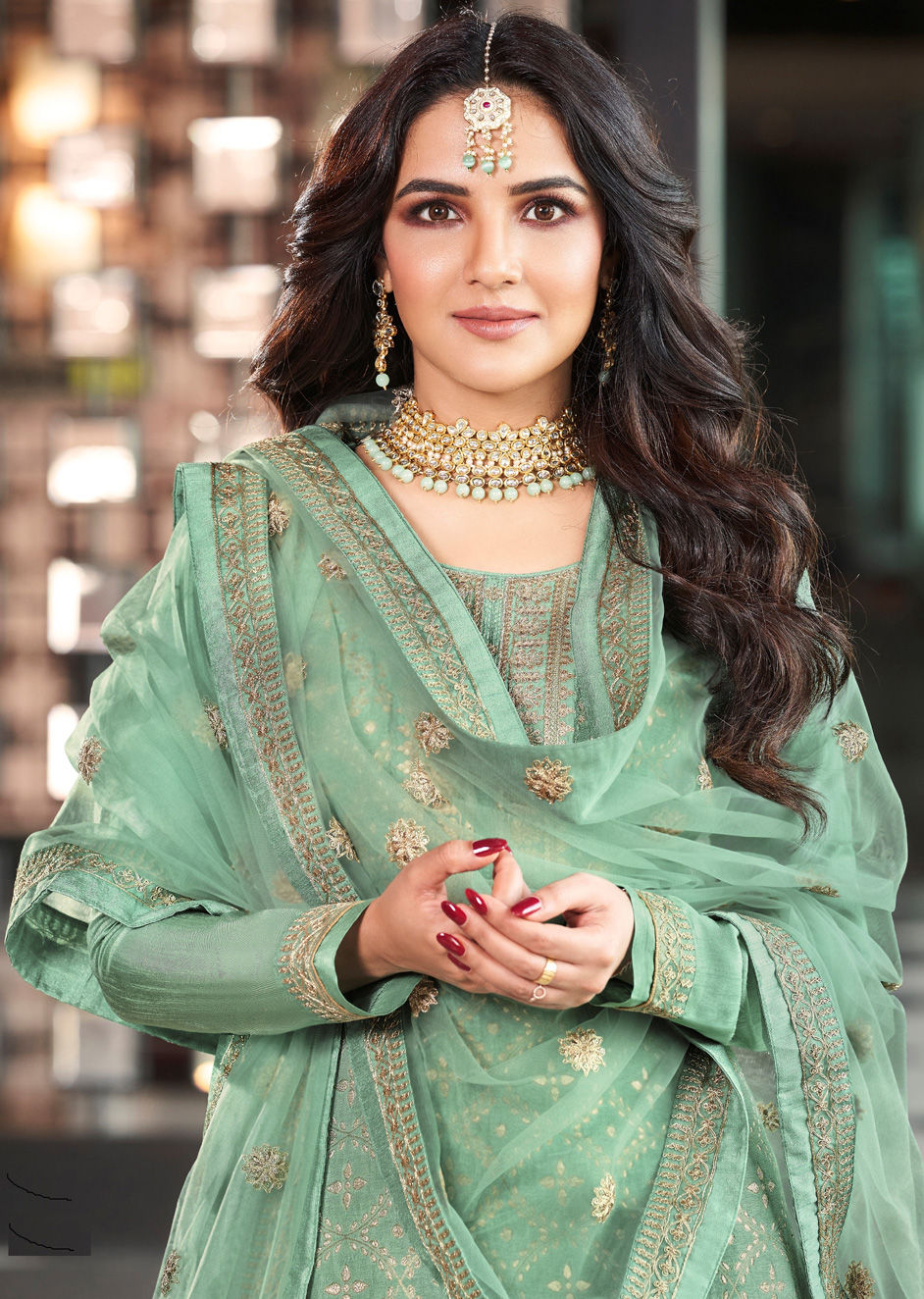 Festive Party Wear Reception Green Color Jacquard Fabric Salwar