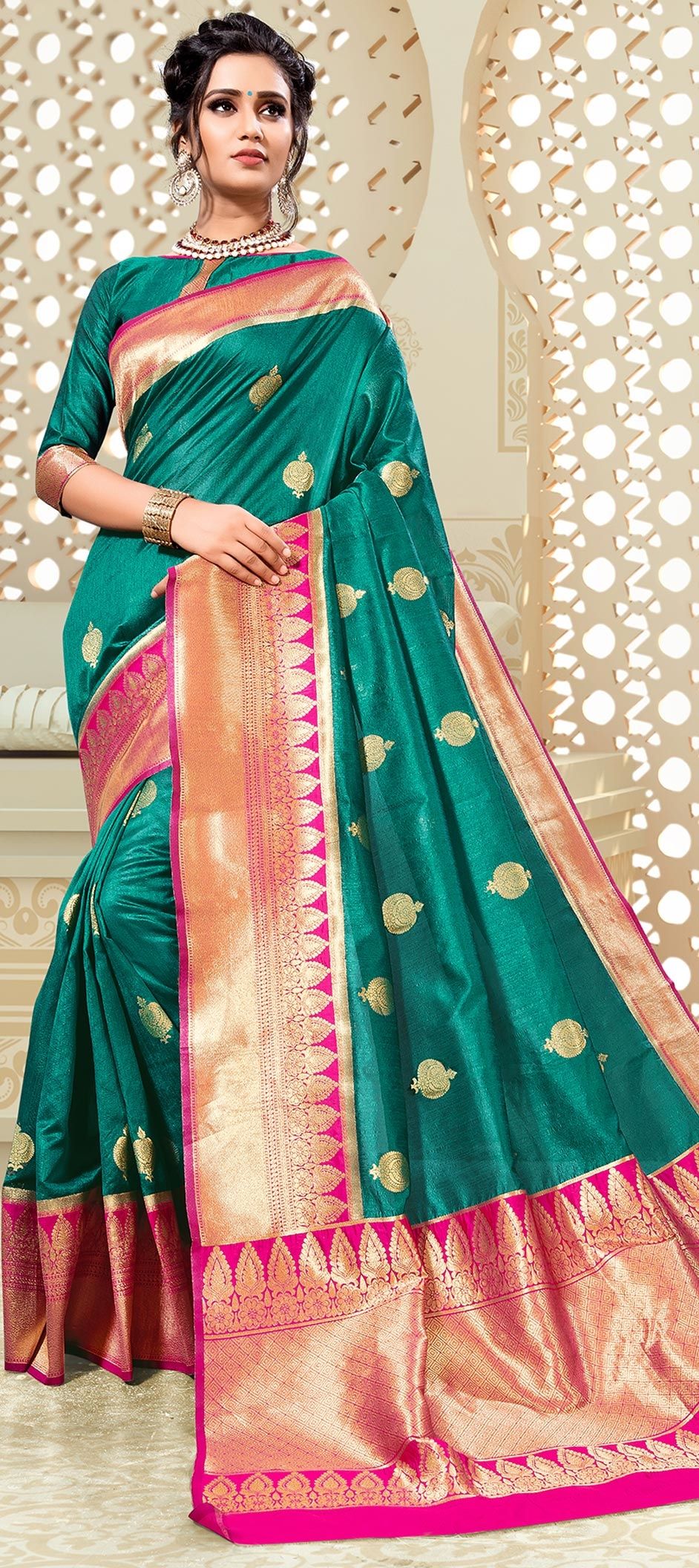 Party Wear Traditional Green Color Silk Silk Cotton Fabric Saree