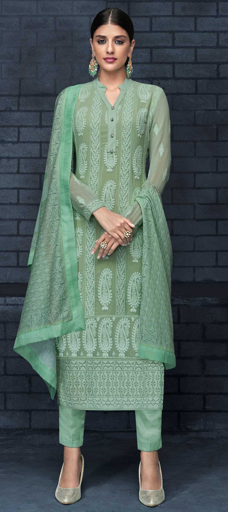 Party Wear Green Color Faux Georgette Fabric Salwar Kameez