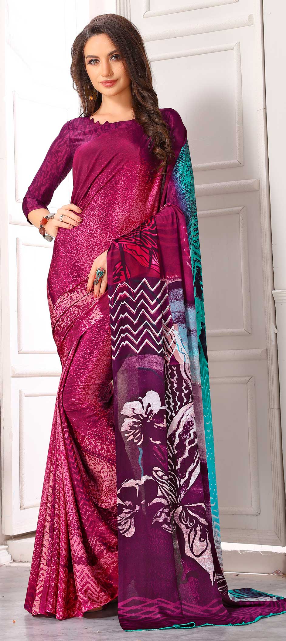 Casual Traditional Multicolor Color Crepe Silk Silk Fabric Saree