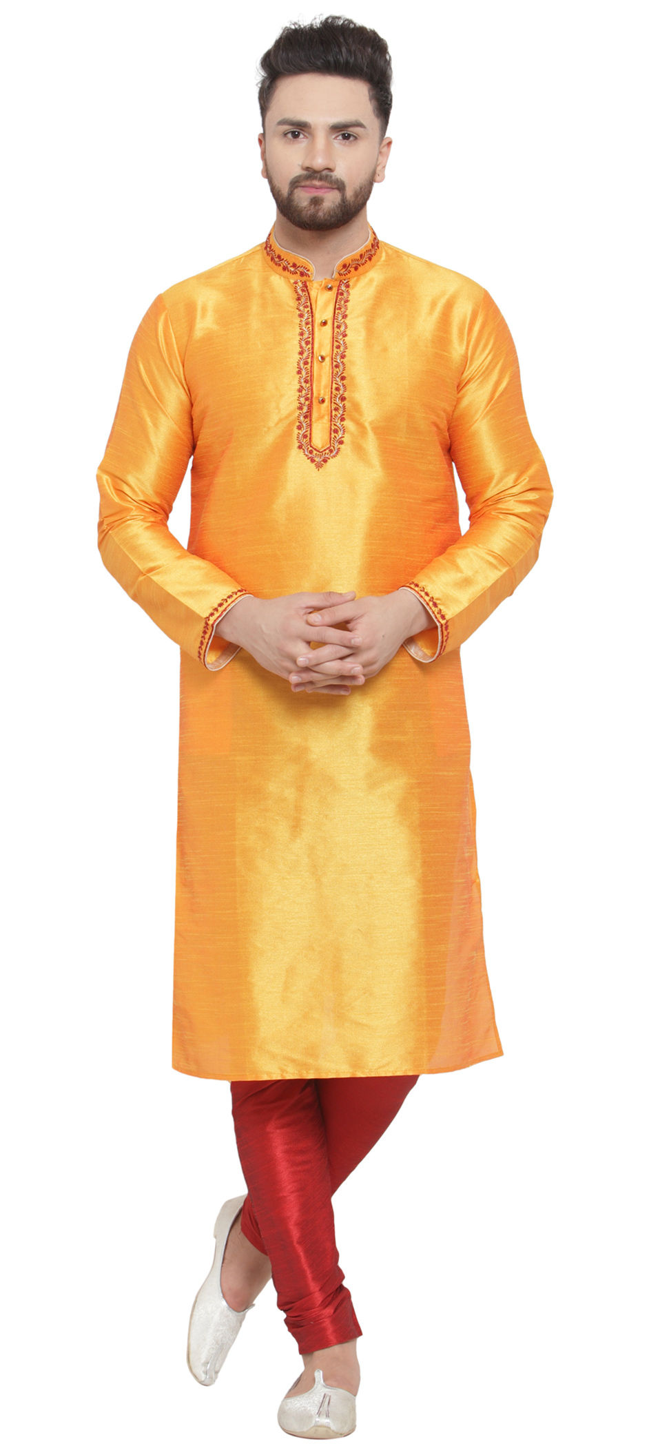 Yellow Color Dupion Silk Fabric Kurta Pyjamas 1644455