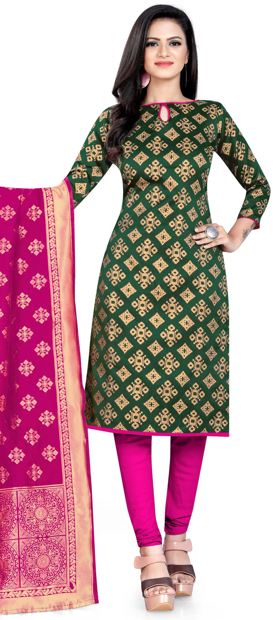 Festive Party Wear Green Color Banarasi Silk Fabric Salwar Kameez