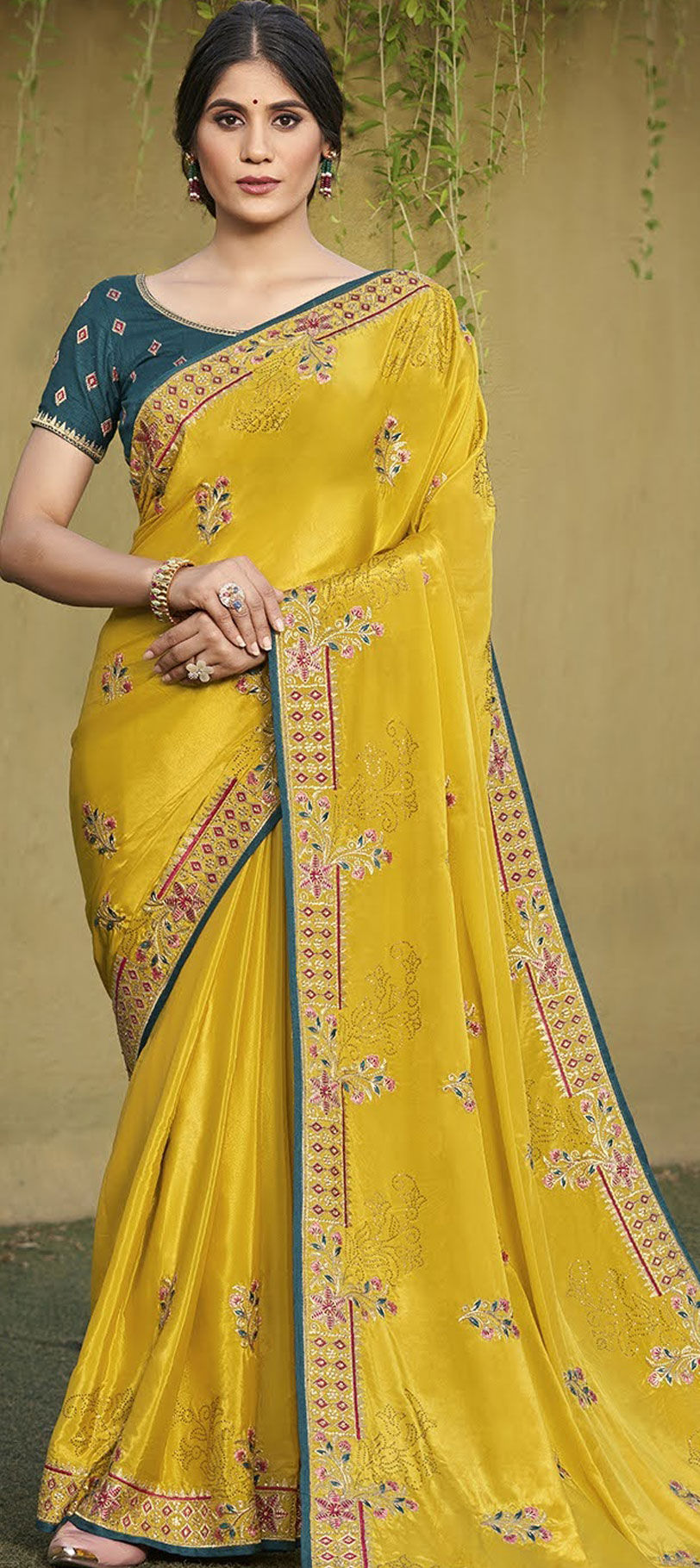 Traditional Wedding Yellow Color Satin Silk Silk Fabric Saree