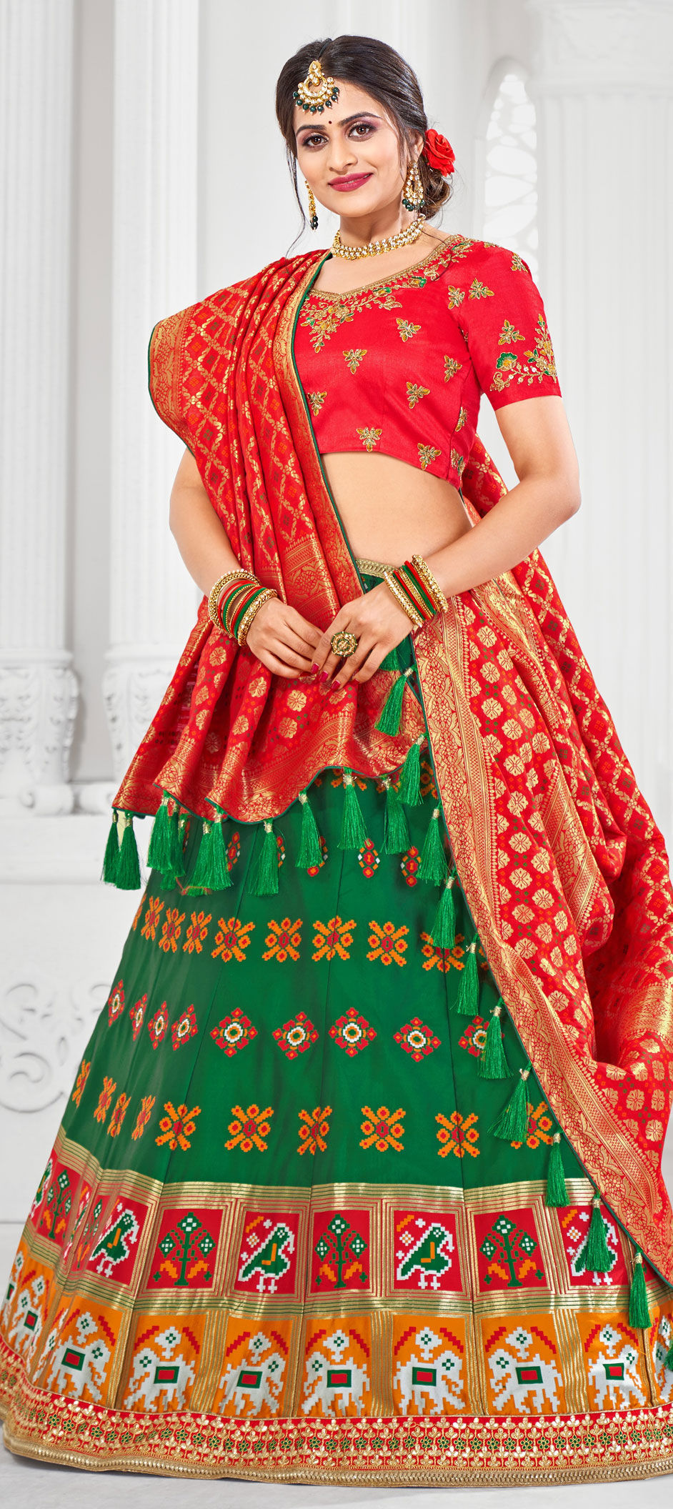 Party Wear Green Color Jacquard Fabric Ready To Wear Lehenga