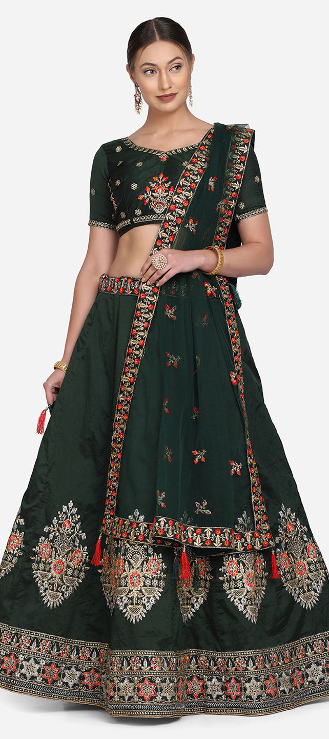 Festive Party Wear Green Color Taffeta Silk Fabric Lehenga 1826951