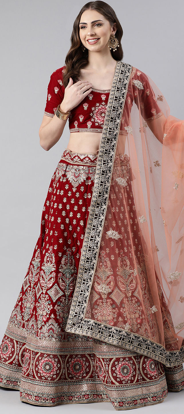 Bridal Wedding Red And Maroon Color Velvet Fabric Lehenga