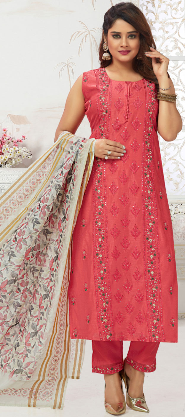 Party Wear Pink And Majenta Color Chanderi Silk Fabric Salwar Kameez