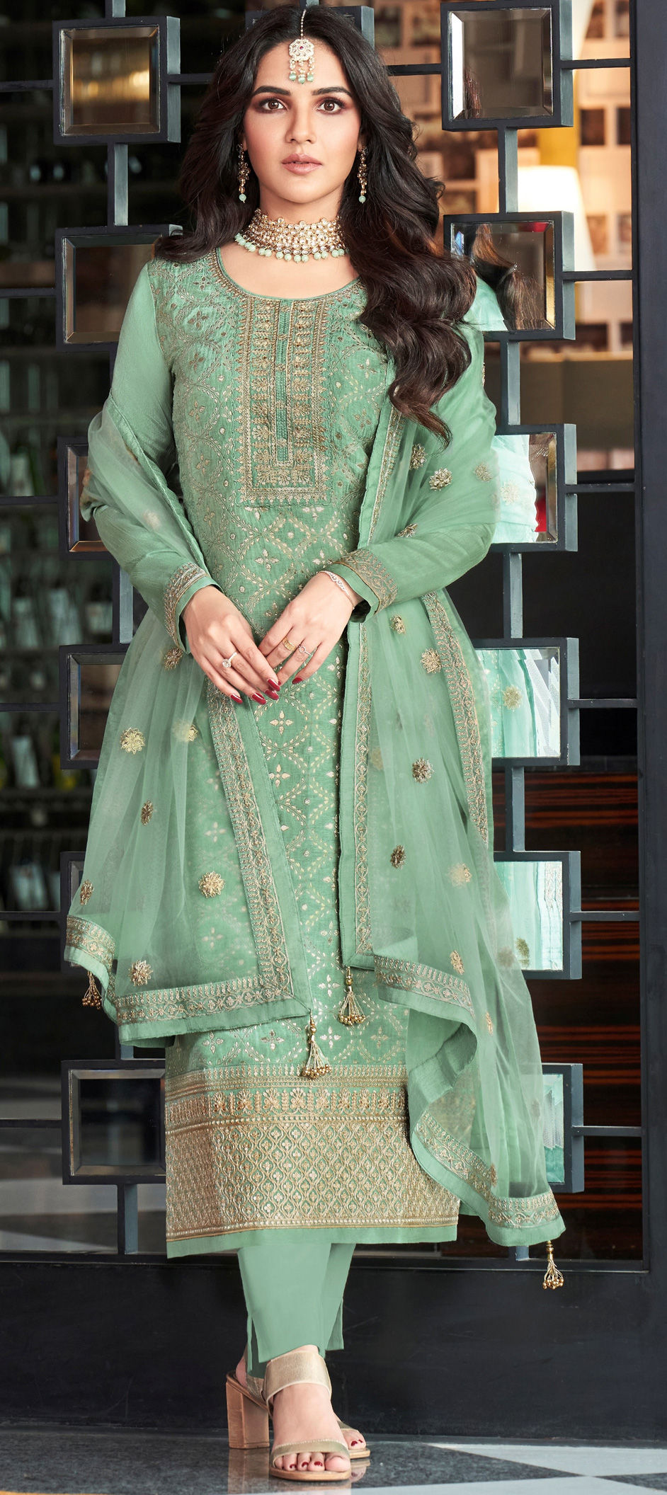 Festive Party Wear Reception Green Color Jacquard Fabric Salwar