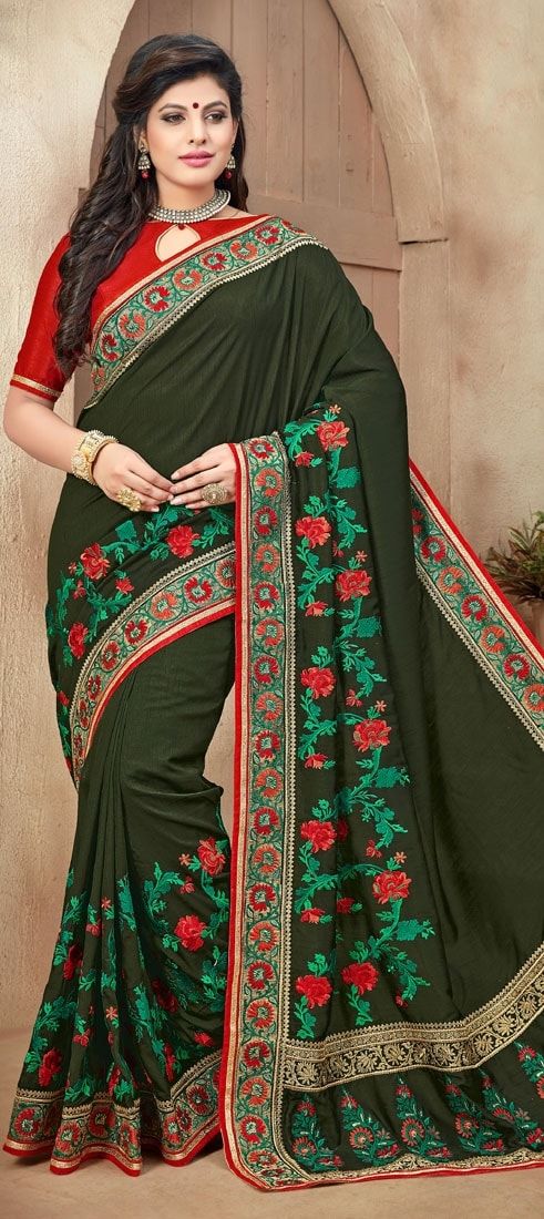 Party Wear Traditional Green Color Raw Silk Silk Fabric Saree