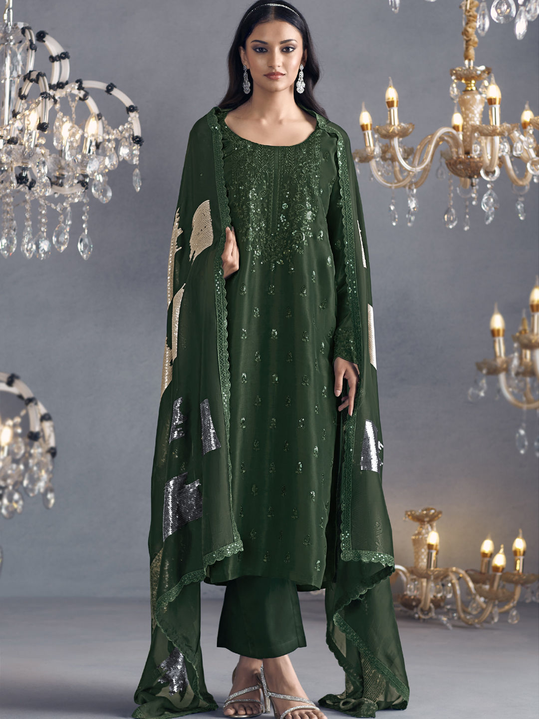 Festive Party Wear Reception Green Color Silk Fabric Salwar Kameez