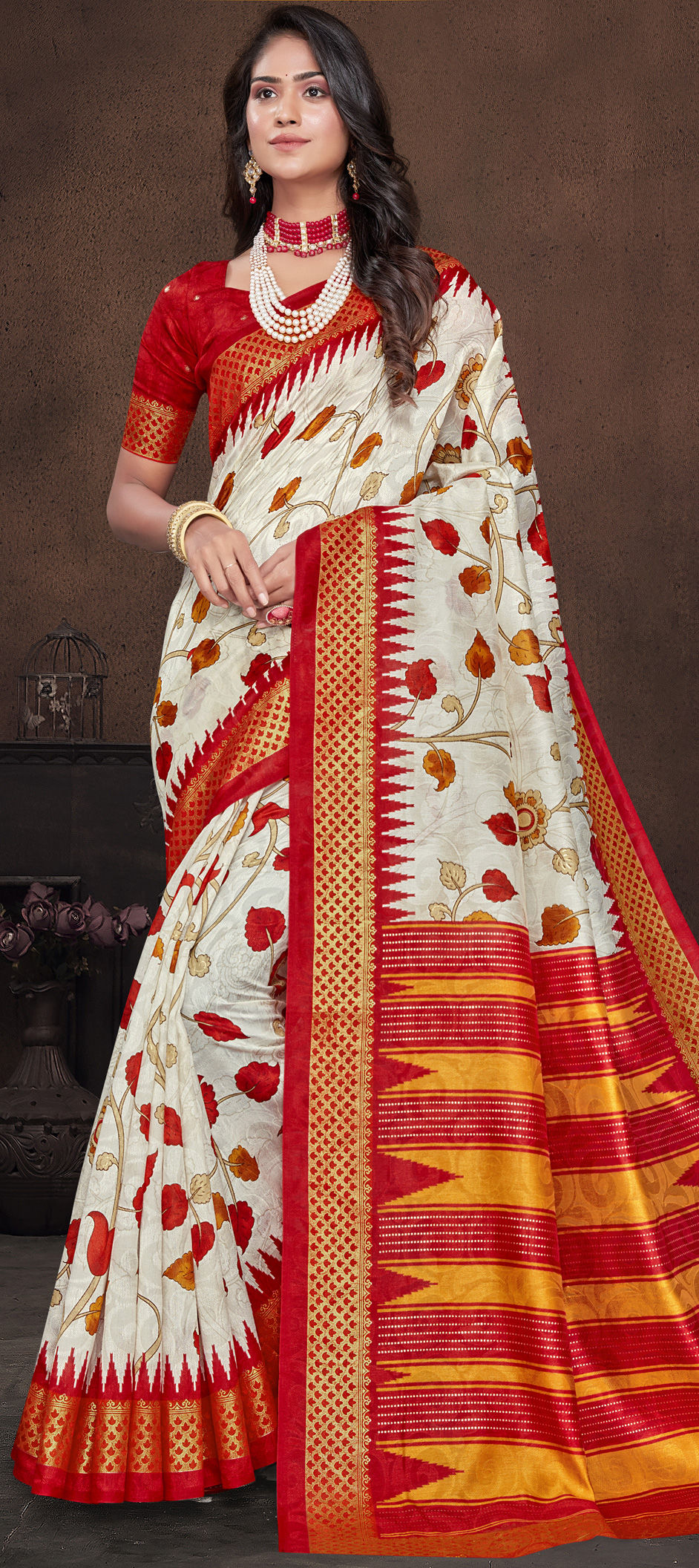 Festive Traditional Red And Maroon White And Off White Color Brasso