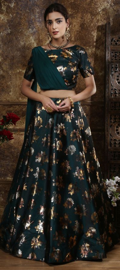 Engagement Reception Green Color Taffeta Silk Fabric Lehenga 1601823