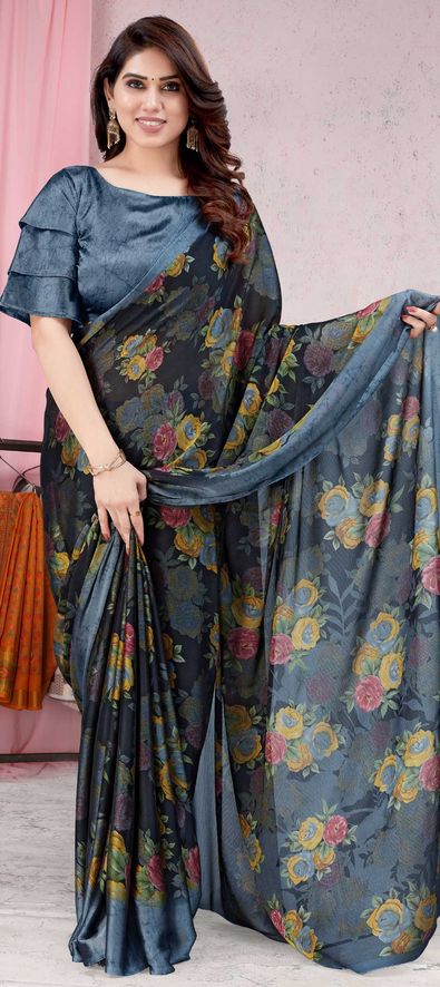 Bollywood Casual Party Wear Black And Grey Color Chiffon Fabric Saree