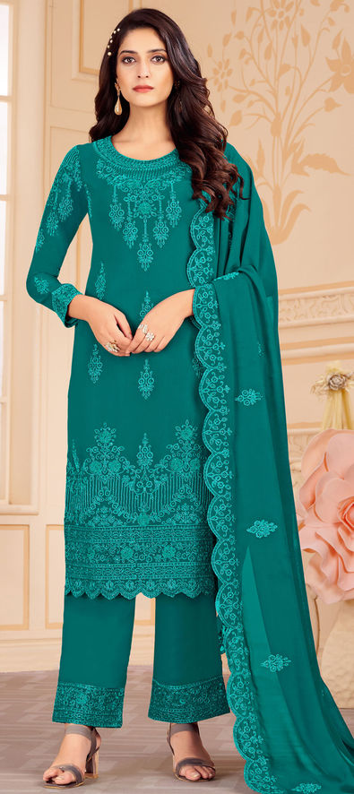 Engagement Party Wear Green Color Georgette Fabric Salwar Kameez 1850545