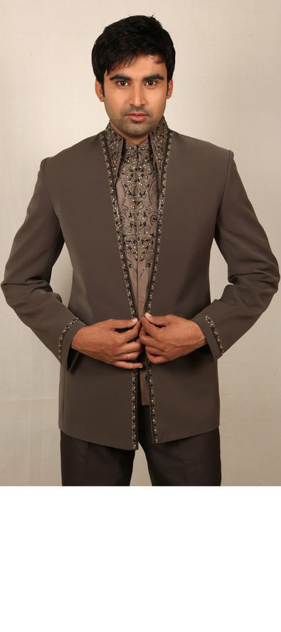 Black And Grey Color Brocade Satin Silk Fabric Jodhpuri Suit