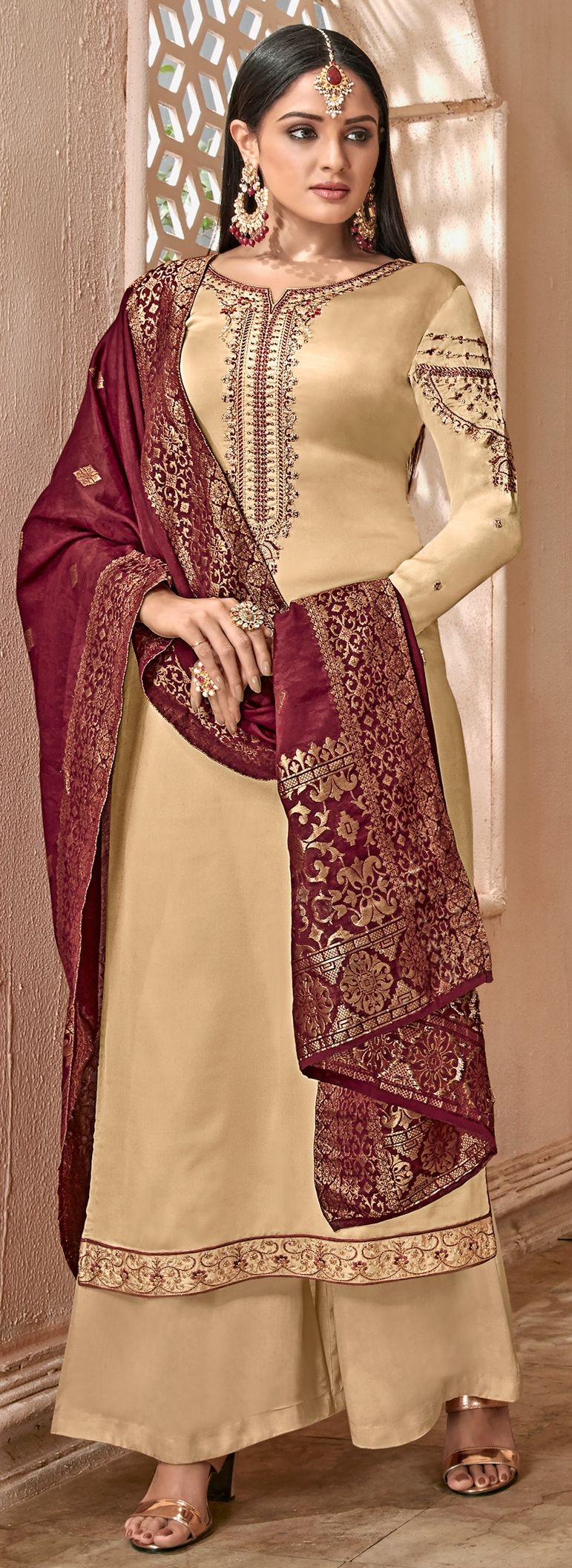 1541096: Party Wear Beige And Brown Color Satin Silk Fabric Salwar Kameez