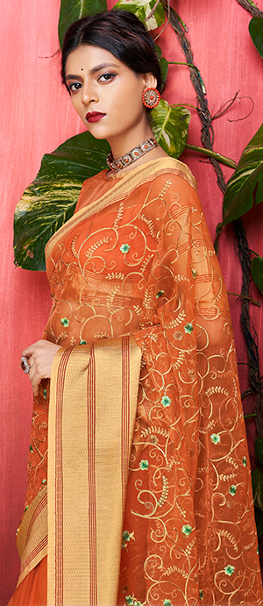 Party Wear Reception Traditional Orange Color Organza Silk Silk Fabric Saree 1571531 4123