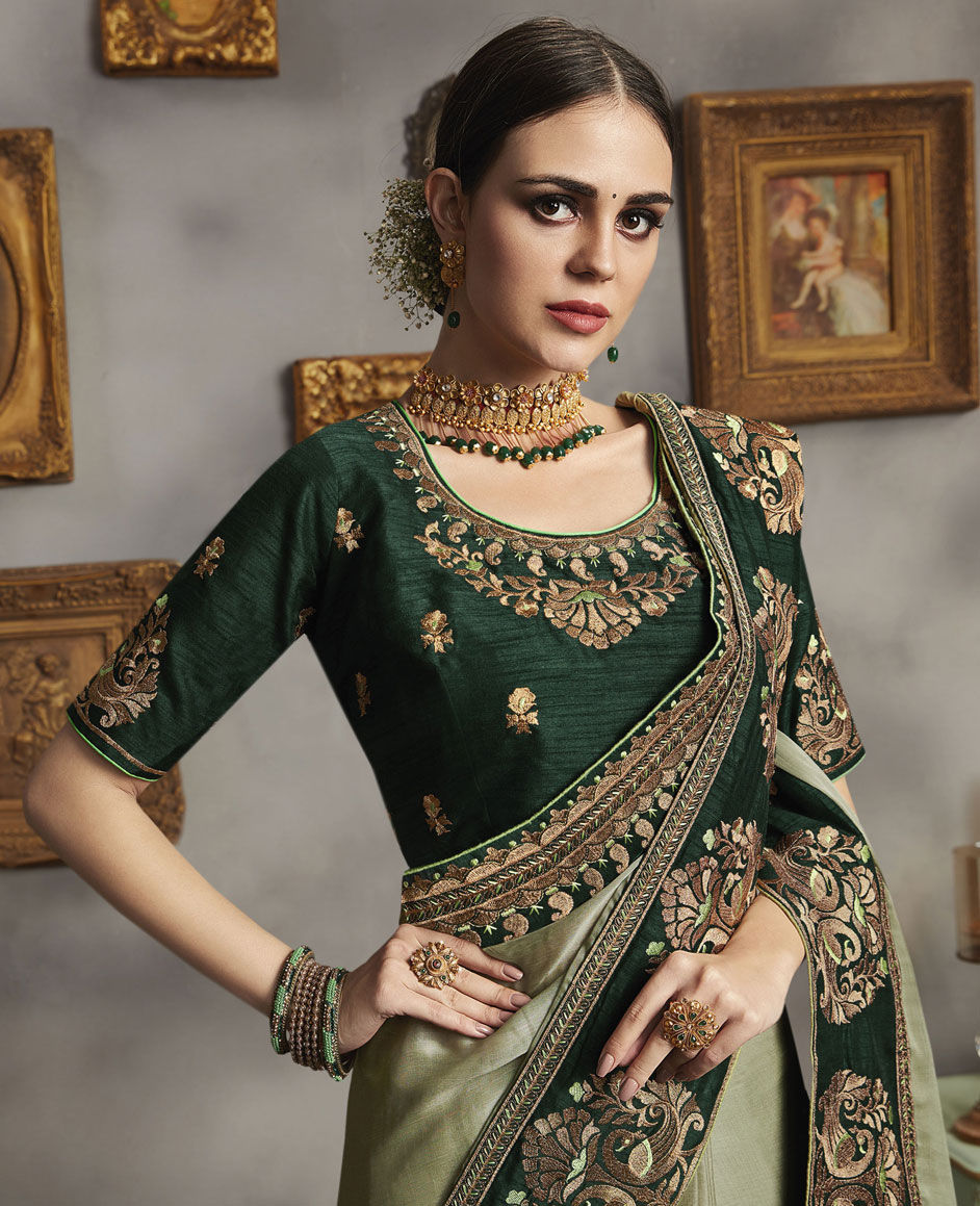 Party Wear Reception Green Color Georgette Fabric Saree 1571869