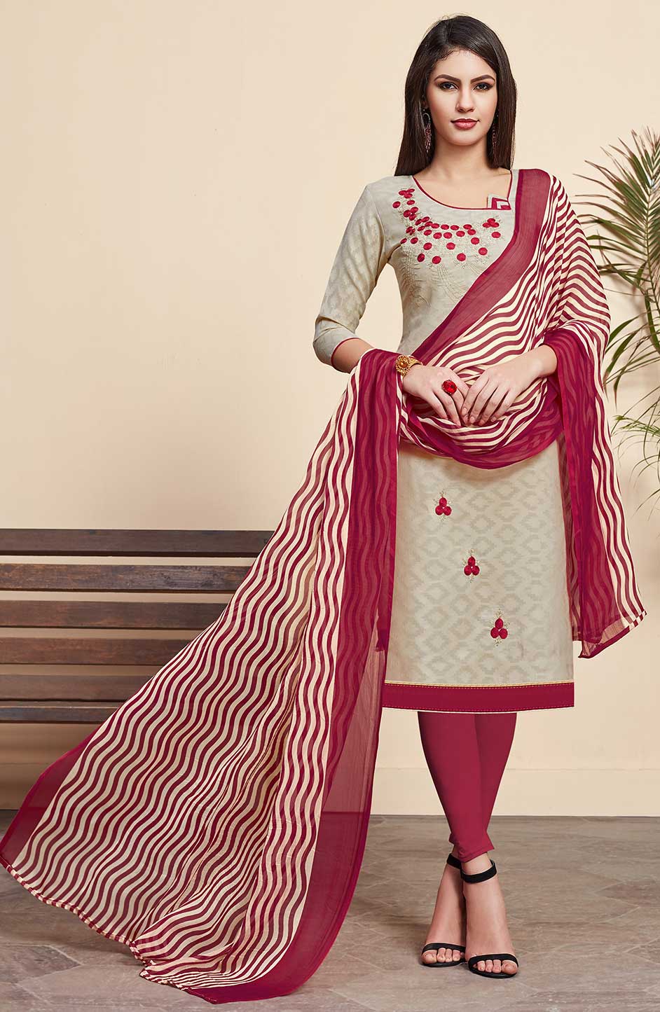 Casual Beige And Brown Color Jacquard, Silk Cotton Fabric Salwar Kameez ...