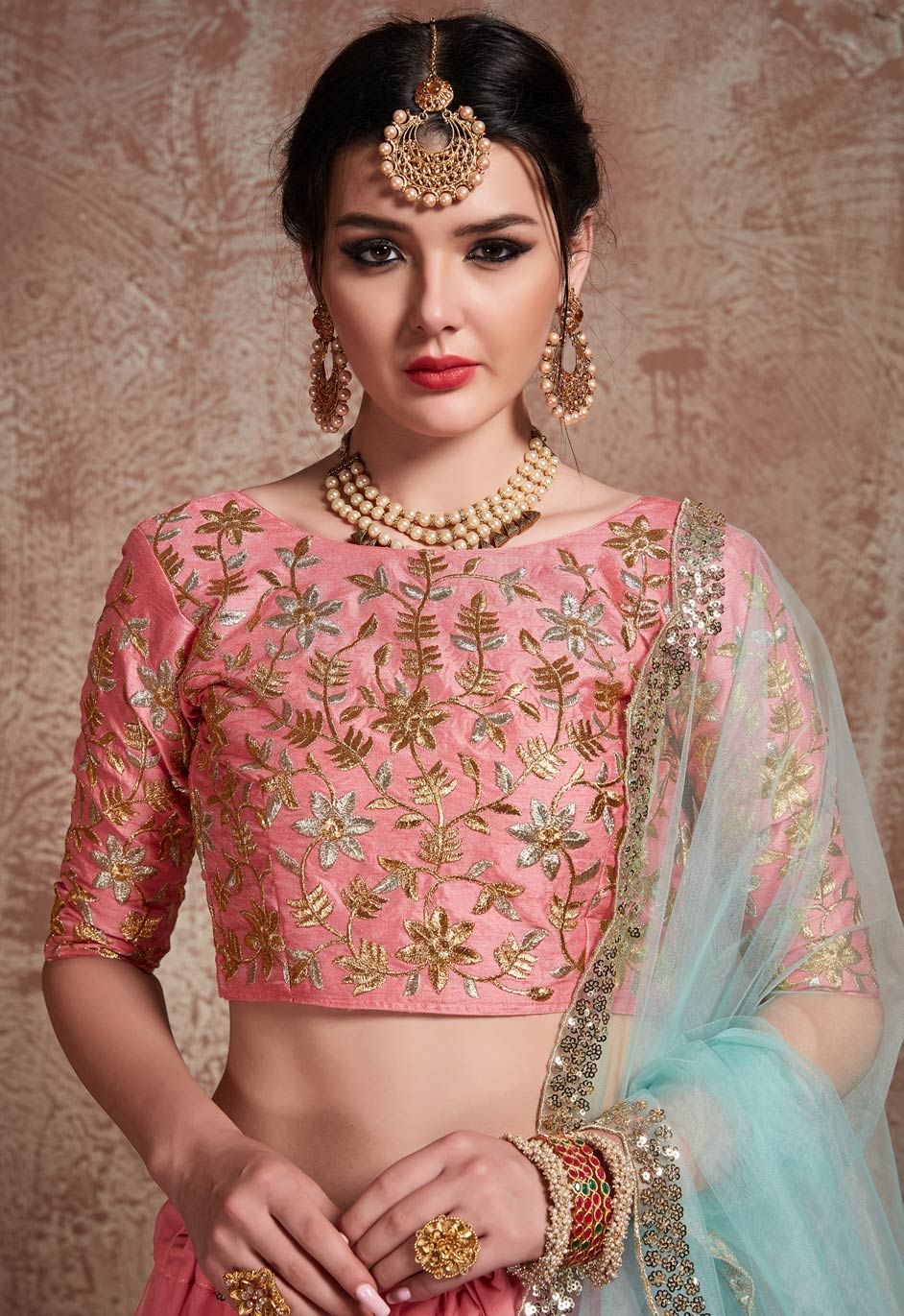 Engagement, Reception Pink and Majenta color Net fabric Lehenga : 1600570