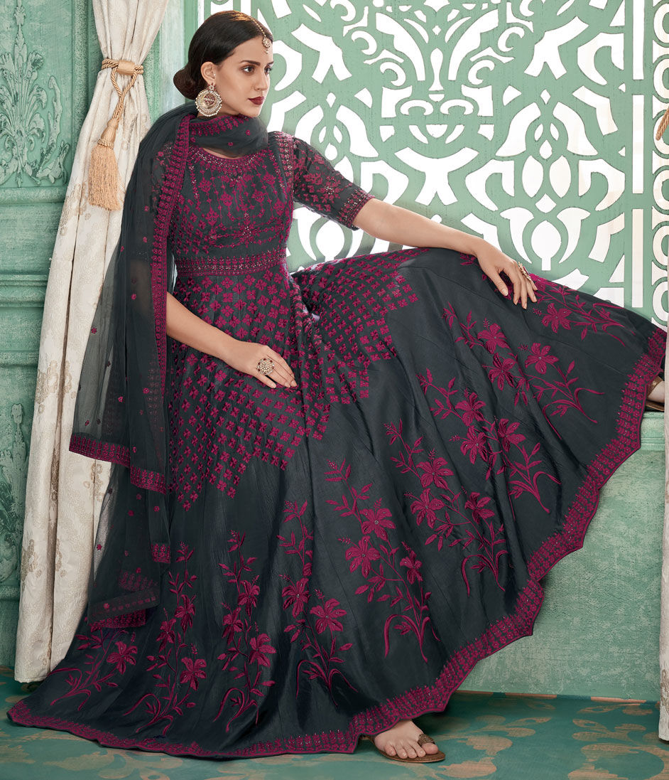 Festive, Reception Black and Grey color Silk fabric Salwar Kameez : 1620869