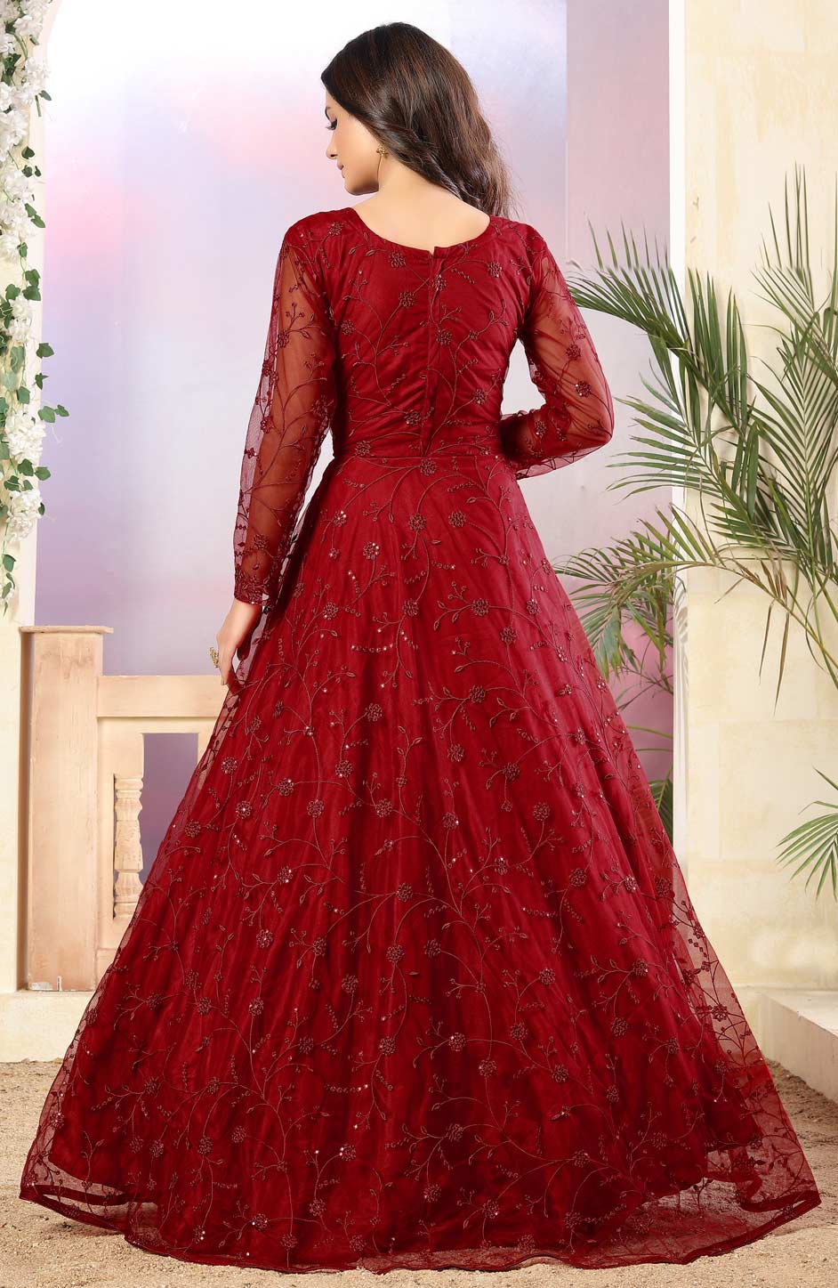 Festive, Party Wear Red and Maroon color Net fabric Salwar Kameez : 1674313