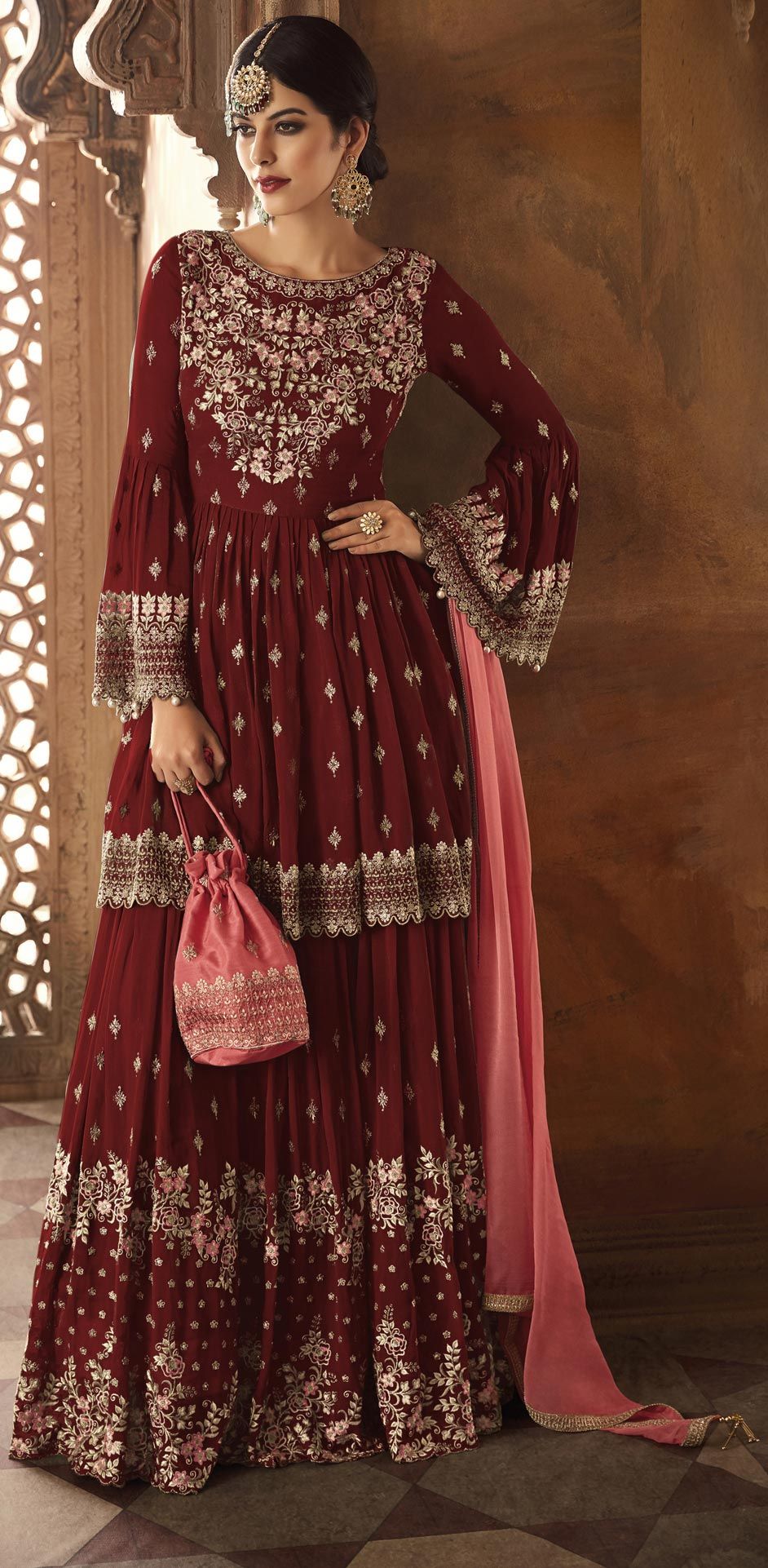 Bridal Festive Party Wear Red And Maroon Color Faux Georgette Fabric Salwar Kameez