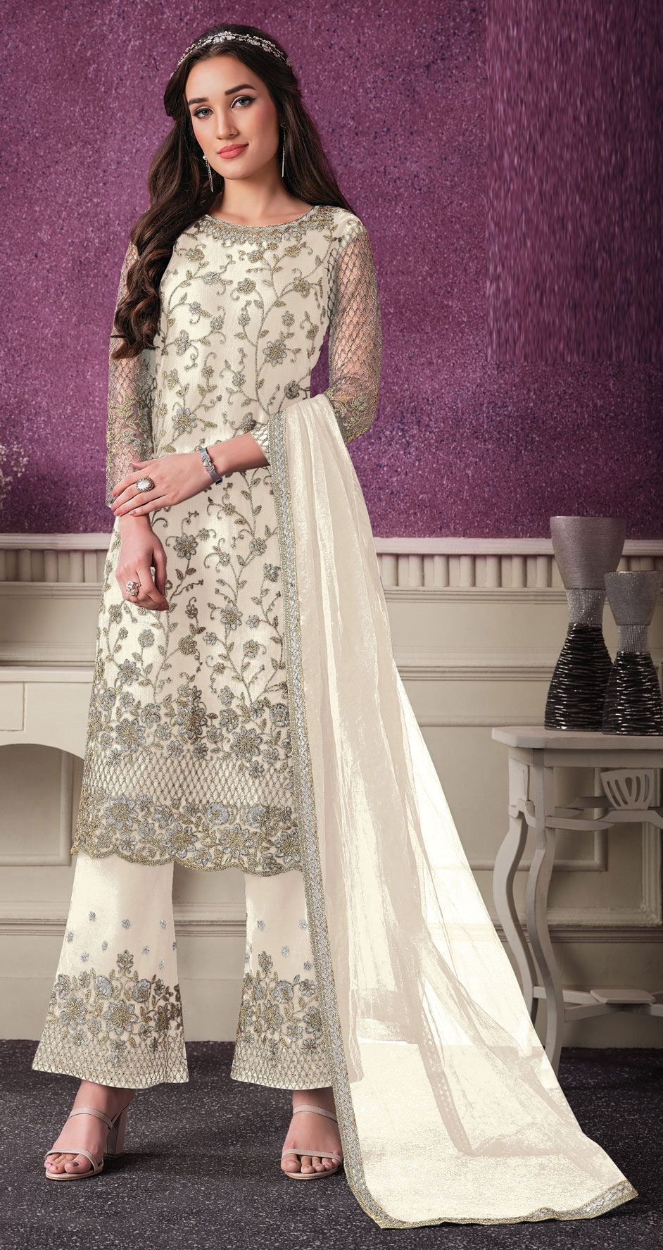 off white pakistani party dresses Off White Pakistani Salwar Kameez Dupatta Party Dress XLARGE
