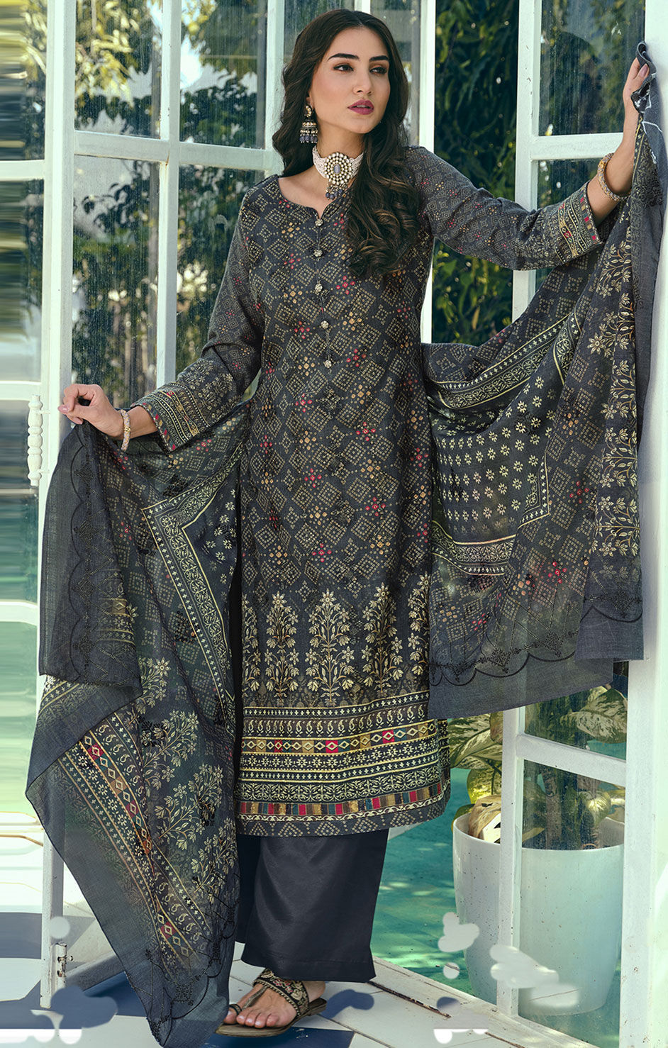 Blue Digital Printed Chinnon Festive Salwar Kameez main image 1