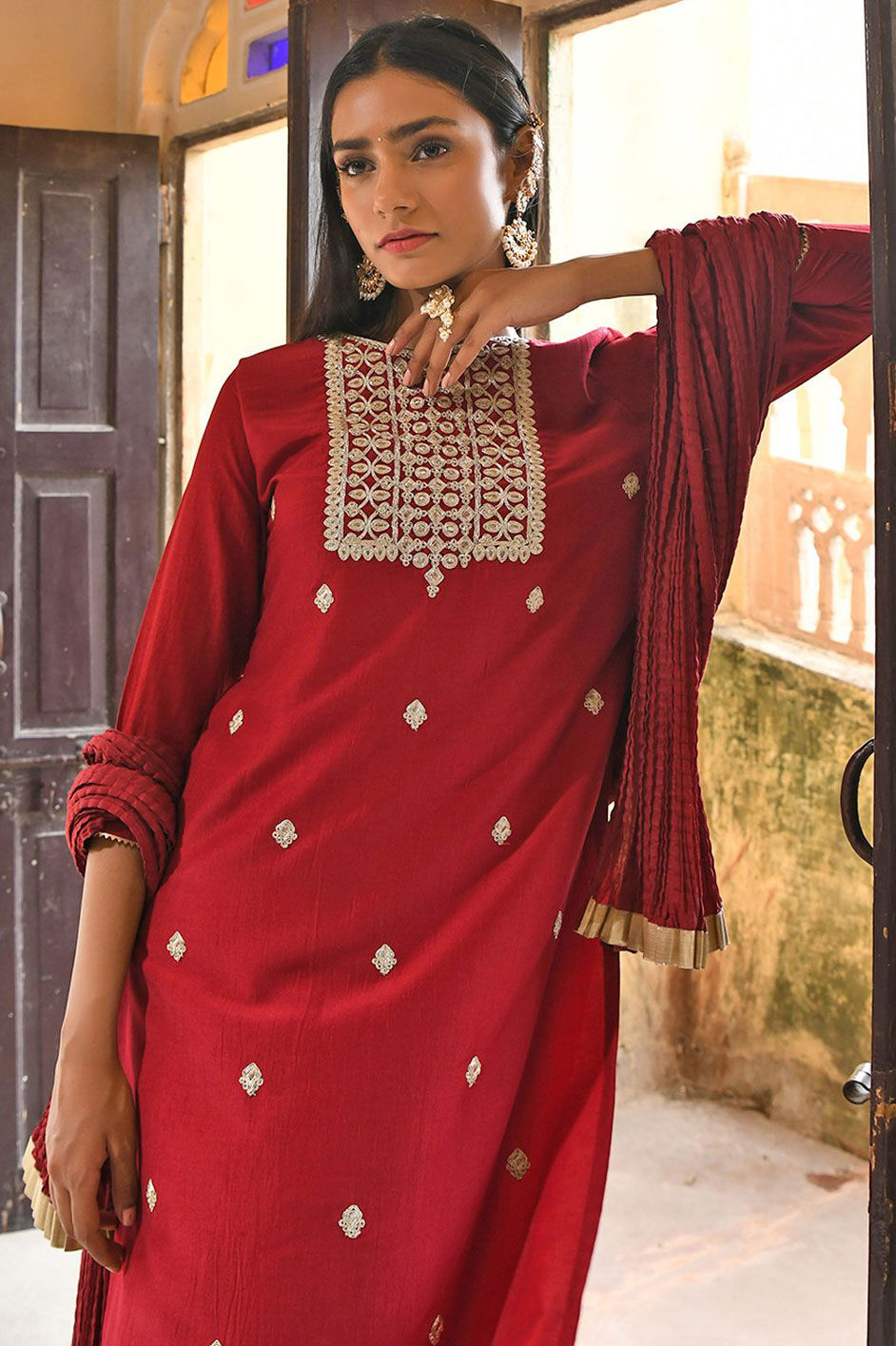 Ramani Phool Salwar Kameez Set- Red