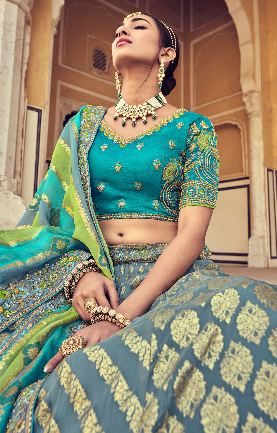 Bridal, Wedding Black and Grey color Banarasi Silk fabric Lehenga : 1865531