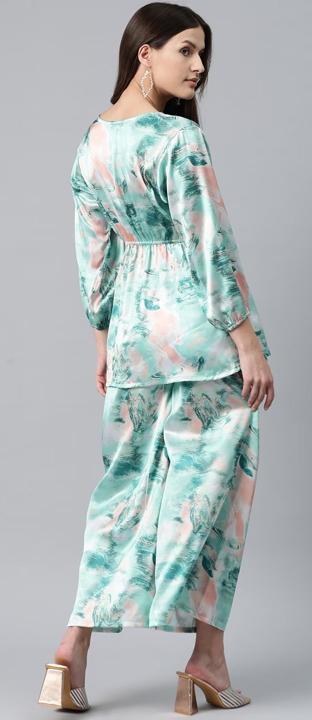 Golden Olive Botanical Printed Satin Silk Co-ord Set main image 1