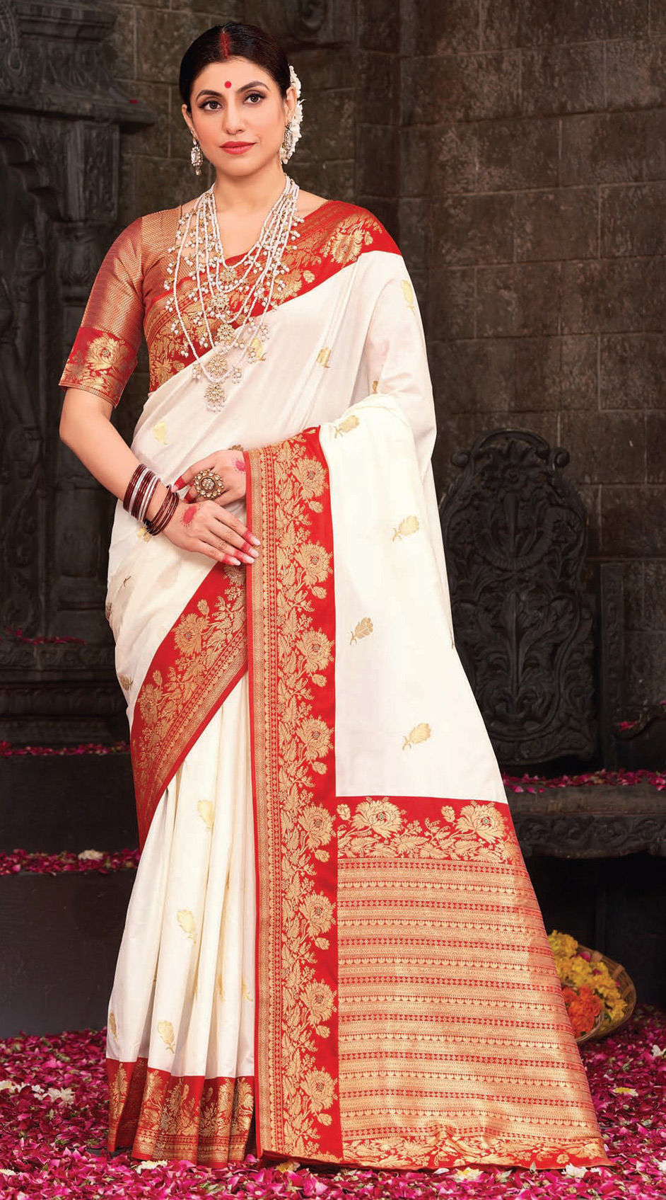 Bridal, Traditional, Wedding White and Off White color Silk fabric