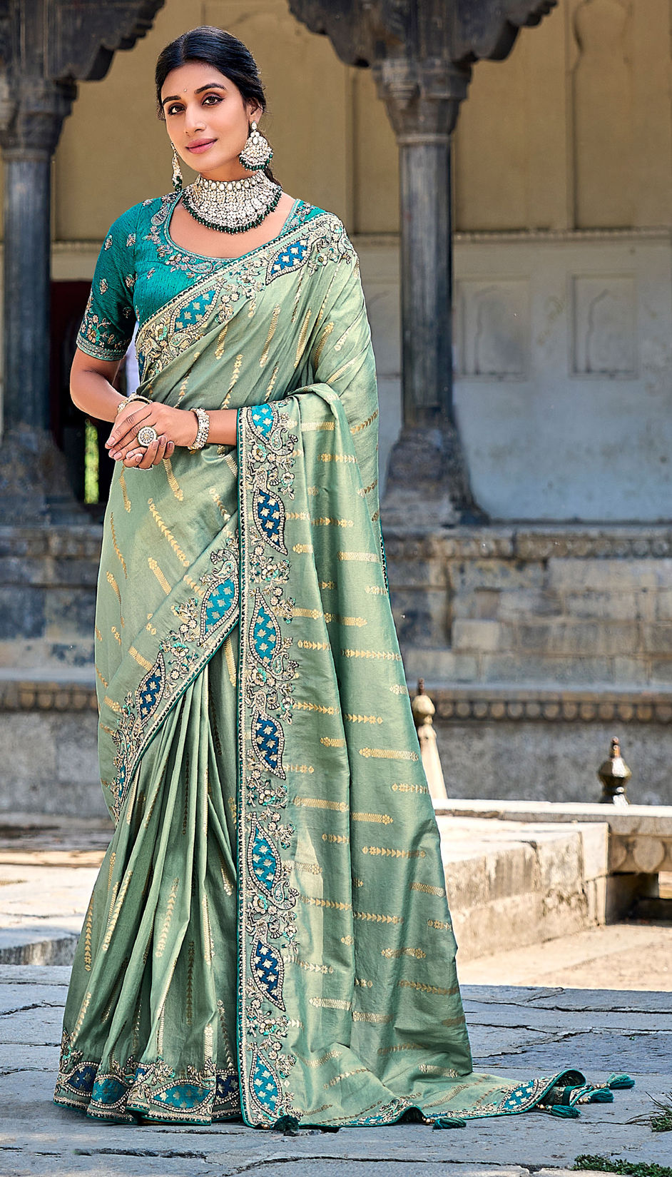 Reception, Traditional, Wedding Green color Banarasi Silk fabric Saree ...