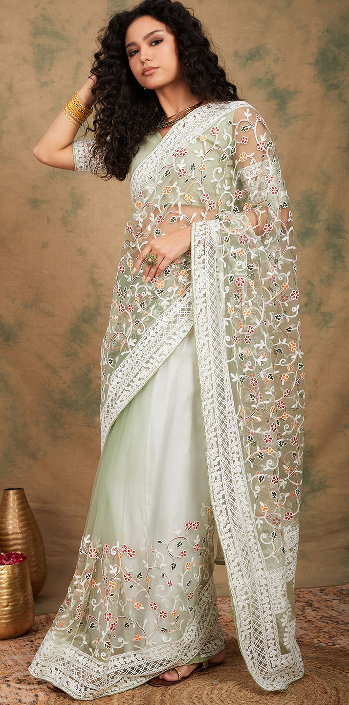 Embroidered Green Net Partywear Saree main image 1