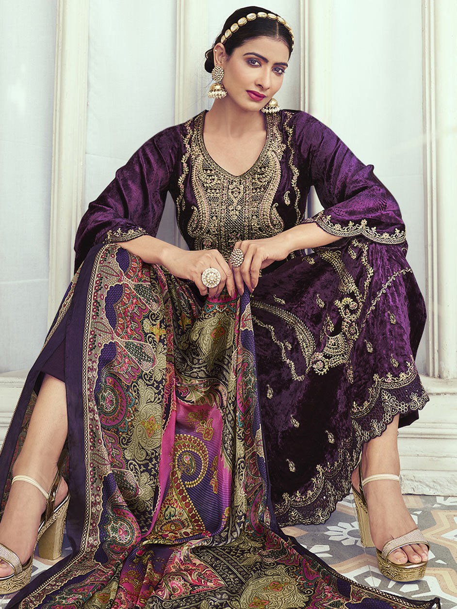 Purple Digital Printed Chinnon Festive Salwar Kameez