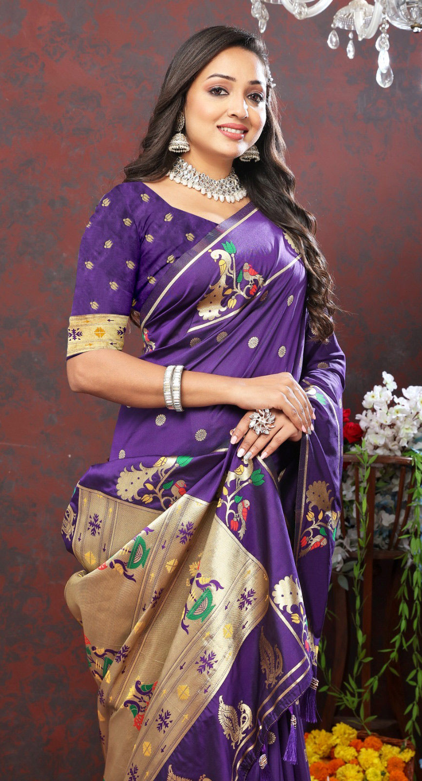 Women purple cotton silk weaving wedding wear saree main image 1