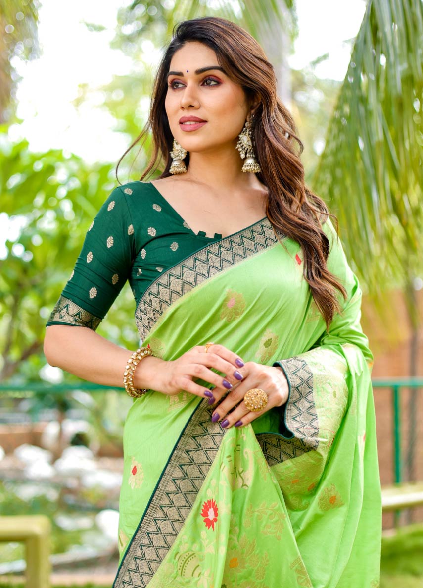 Leaf Green Embroidered Art Silk Party Wear Saree