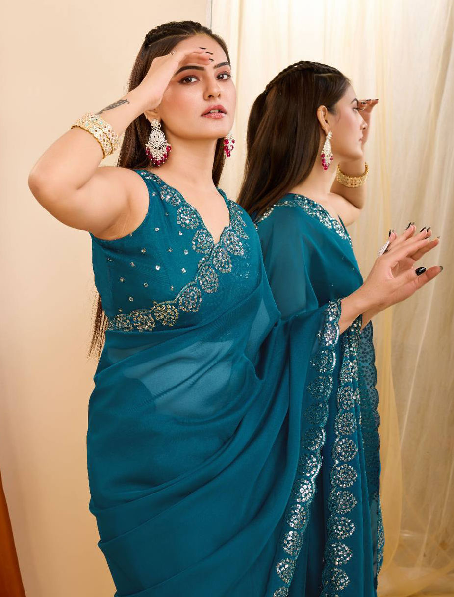 Purple & Blue Organza Tissue Designer Party Wear Saree