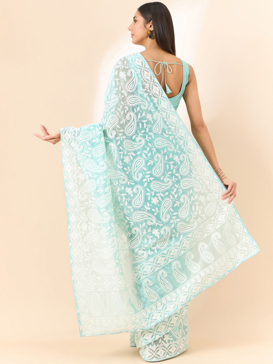 Blue & Beige Organza Tissue Designer Party Wear Saree