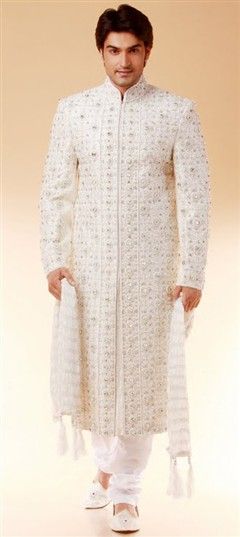 White and Off White color Sherwani in Silk fabric with Bugle Beads, Cut Dana, Stone, Zari work : 11593