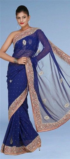 115987 Blue color family Bridal Wedding Saree in Georgette fabric with Stone, Border work  with matching unstitched blouse.