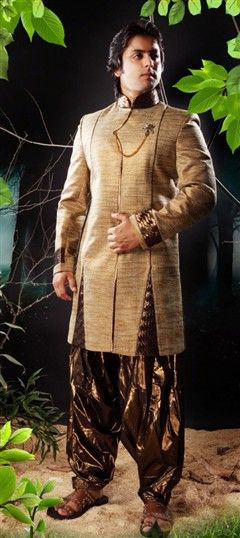 11915: Beige and Brown color IndoWestern Dress in Jacquard fabric with Patch, Resham work