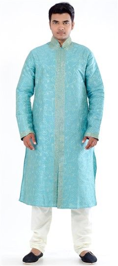 Blue color Kurta Pyjamas in Cotton, Silk fabric with Embroidered, Resham, Thread work : 11956