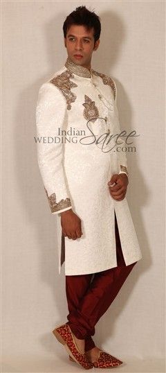 White and Off White color Sherwani in Silk fabric with Zircon work : 12255