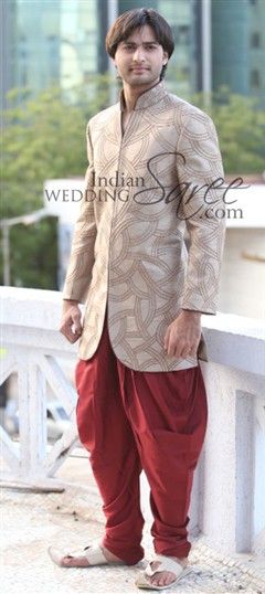 Beige and Brown color IndoWestern Dress in Silk fabric with Thread work : 12384