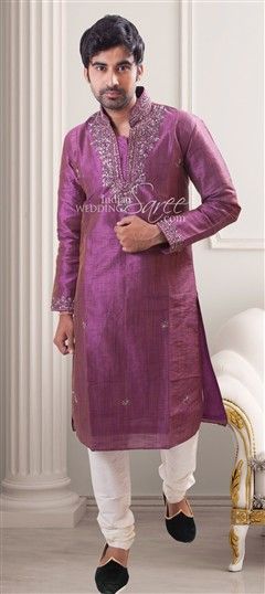12555: Purple and Violet, White and Off White color Kurta Pyjamas in Cotton, Linen fabric with Aari, Embroidered, Sequence, Stone work