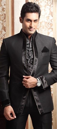 Black and Grey color 3 Piece Suit (with shirt) in Brocade fabric with Thread work : 12684
