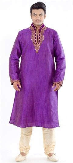 Purple and Violet color Kurta Pyjamas in Jacquard, Raw Dupion Silk fabric with Bugle Beads, Resham, Sequence, Stone work : 12781