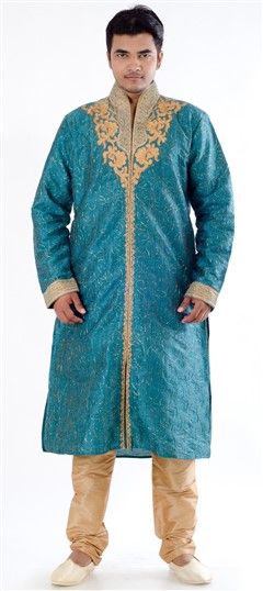 Blue color Kurta Pyjamas in Jacquard, Raw Dupion Silk fabric with Cut Dana, Patch, Stone, Thread work : 12830